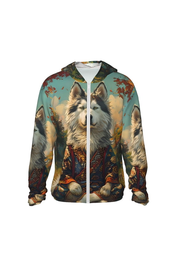 Forest Maple Leaf Husky Print Women Men Sun Protection UPF 50+ Jackets Zip Up Long Sleeve Hoodie Hiking Lightweight with Pockets
