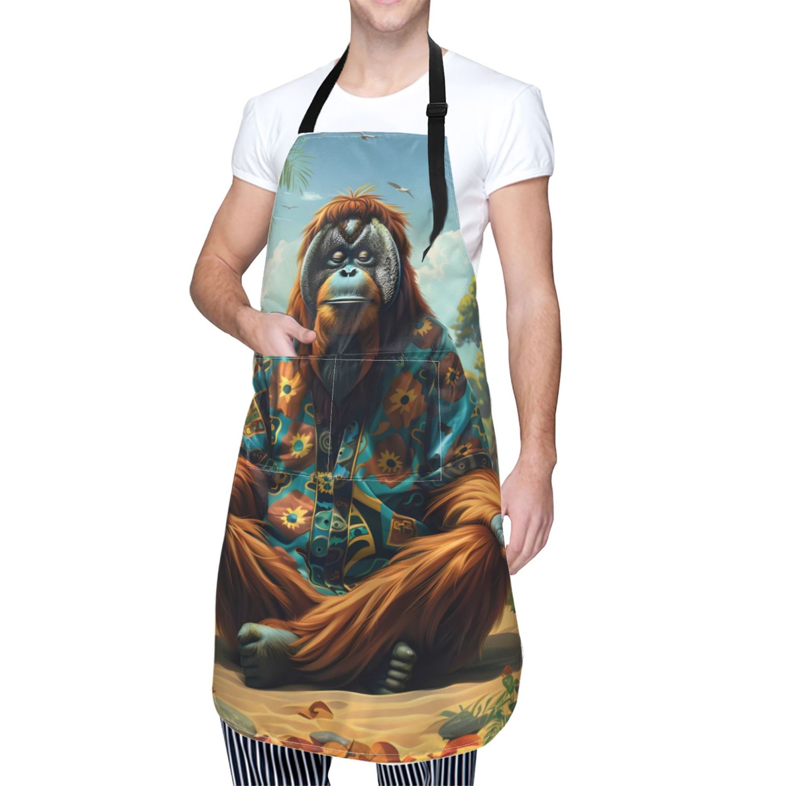 Kdxio Forest Meditating Gorilla Apron with Pockets Adjustable Kitchen Aprons for Men Women Waterproof Aprons for Cooking,Drawing,Crafting, Baking Household Cleaning