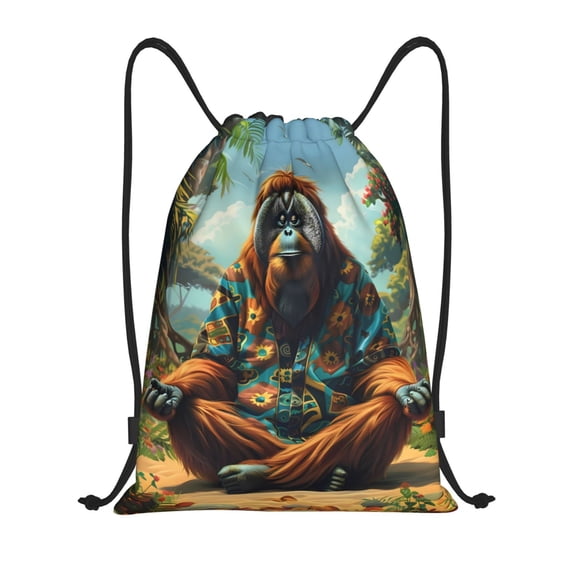 Kdxio Forest Meditating Gorilla Print Drawstring Backpack Bag,Waterproof Draw String Back Sack, Gym Drawstring Bags Swim Bag For Unisex
