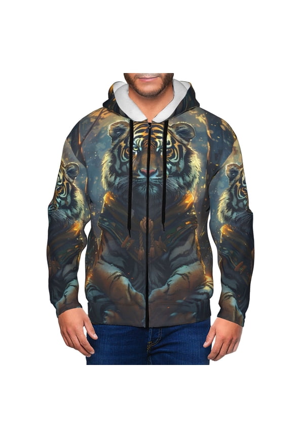 Forest Meditating Tiger Print Men Hoodies Casual Hoodies for Men with Zip Pockets Full Zip Long Sleeve Sweatshirt Sports Hooded Jacket-Large