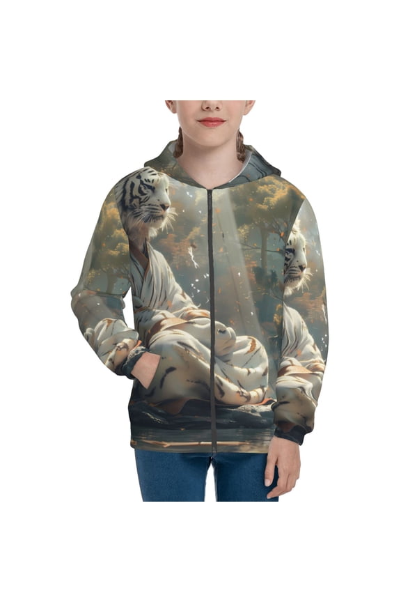 Forest Meditating White Tiger Pattern Kids Boys Girls Zip Up Hoodie 3D Printed Hooded Sweatshirt Hoody Coat with Pocket 7-12 Y-Medium