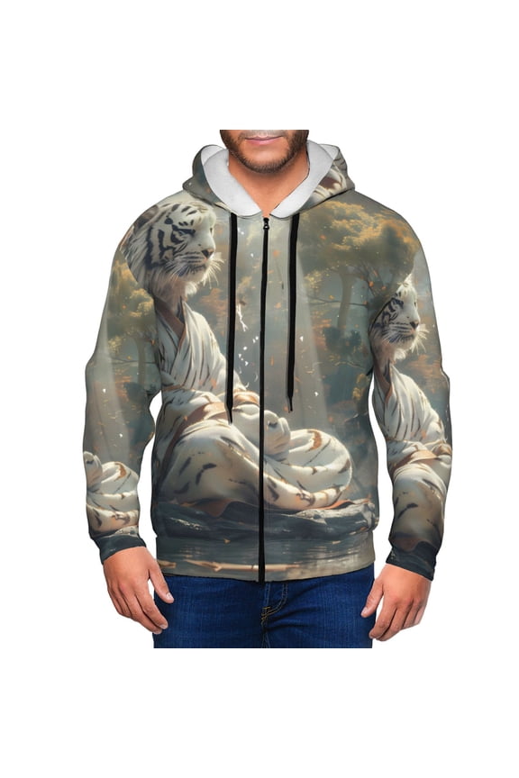 Forest Meditating White Tiger Print Men Hoodies Casual Hoodies for Men with Zip Pockets Full Zip Long Sleeve Sweatshirt Sports Hooded Jacket-Small