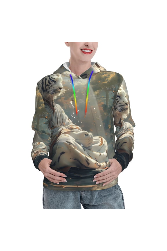 Forest Meditating White Tiger Print Womens Oversized Hoodies Sweatshirts Hooded Pullover Tops Sweaters Casual-X-Large