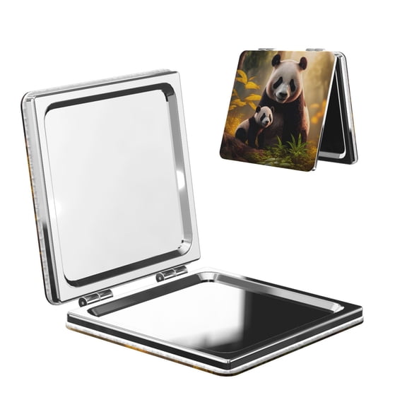 Kdxio Forest Panda Pocket Mirror, 1X/2X Travel Makeup Mirror 2-Sided Folding Small Mirror Portable Double-Sided Magnifying Cosmetic Mirror for Gift-Square