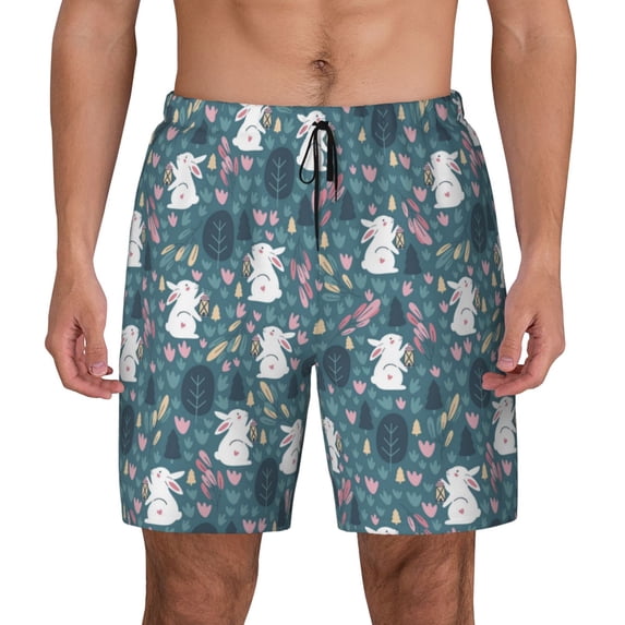 Kdxio Forest Rabbit Print Men's Swim Trunks with Compression Liner 7 Inch Inseam Quick Dry Swim Shorts