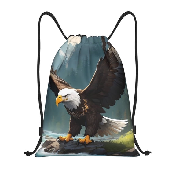 Kdxio Forest River Bald Eagle Print Drawstring Backpack Bag,Waterproof Draw String Back Sack, Gym Drawstring Bags Swim Bag For Unisex