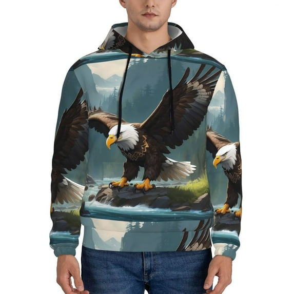 Kdxio Forest River Bald Eagle Print Mens Casual Hooded Collar Drawstring Hoodies Pullover Sweatshirts Casual Long Sleeve Shirts-Large