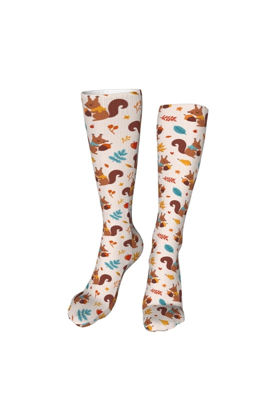 Forest Squirrel Nuts Funny Silky Novelty Funky Long Knee High Socks Soft 3D Print Cosplay Crazy Stockings for Men Women