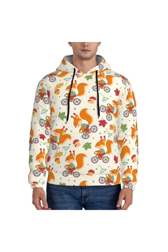 Forest Squirrel Print Mens Casual Hooded Collar Drawstring Hoodies Pullover Sweatshirts Casual Long Sleeve Shirts-Small