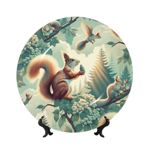 Kdxio Forest squirrel surreal Bone China Decorative Plate Ceramic Decorative Plate for Home Office Wall Stand Decorative Plates for Home Bedroom-7in