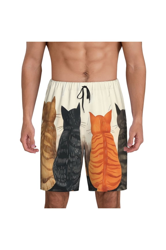 Four Cats Watching Rain Print Mens Sleep Shorts Bottoms Soft Comfy Pajama Wear Pants with Drawstring Pockets