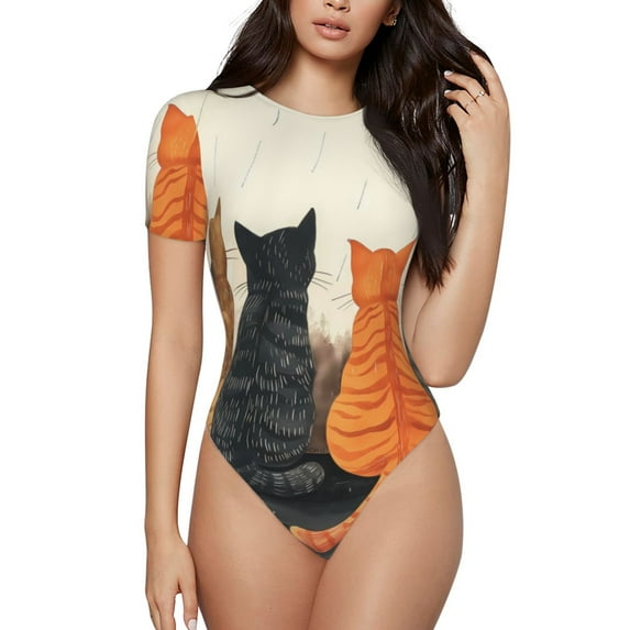 Kdxio Four Cats Watching Rain for Women's Short-Sleeved Onesie Stylish Round Neck Pajamas Bodysuit Jumpsuit Nightwear-XX-Large