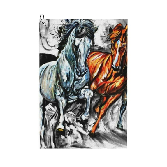 Kdxio Four Running Horses Pattern Golf Towel (24" X 16") with Carabiner Clip - The Convenient Golf Cleaning Towel