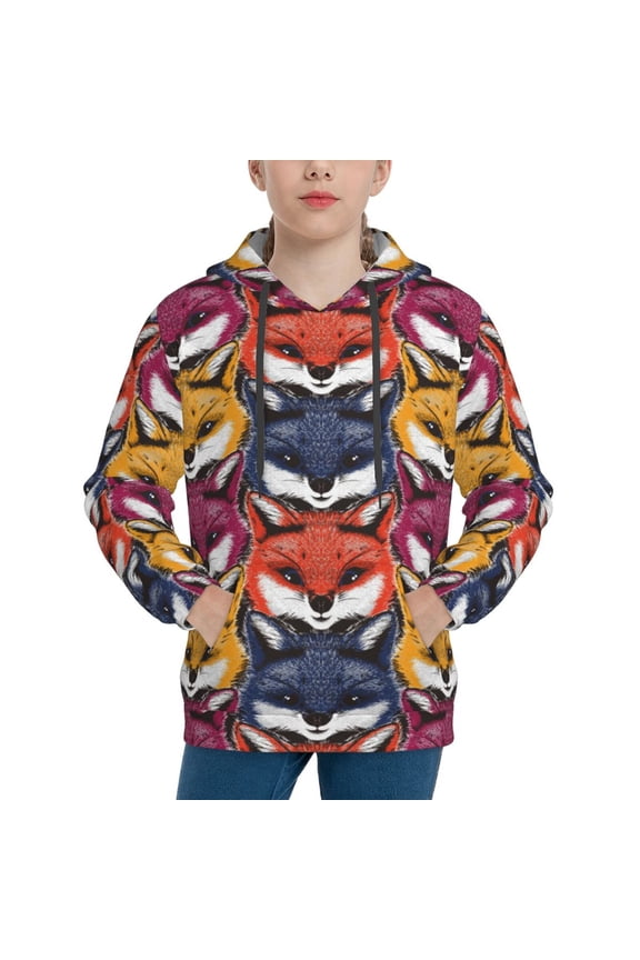 Fox Face Pattern Boys Athletic Unisex Boys Girls Hoodie with Pocket Sweatshirts-Large