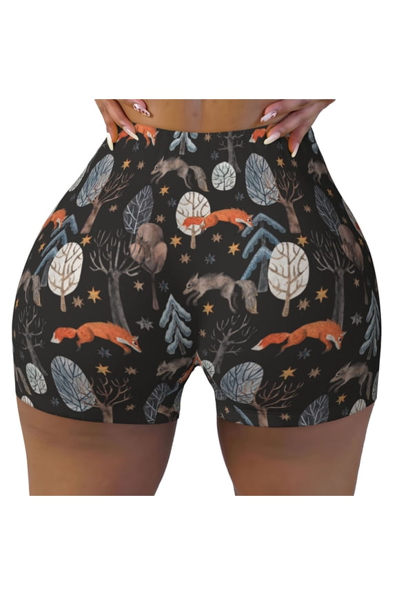 Fox In The Forest Print Workout Shorts for Women Seamless Soft Smooth Gym Yoga Scrunch Active Shorts