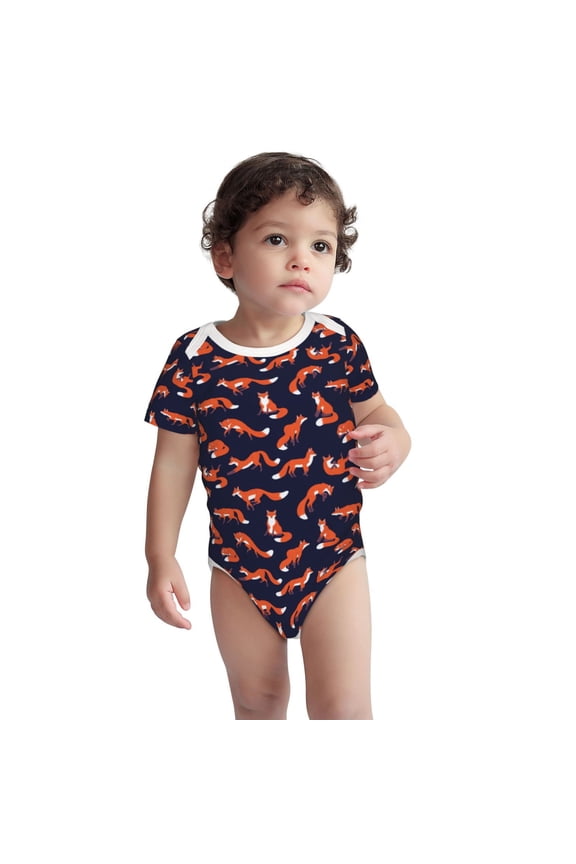 Foxes In Different Poses Pattern Unisex Baby Cotton Short Sleeve Bodysuits-18 Months