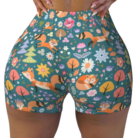 Kdxio Foxes and Birds in Forest Print Workout Shorts for Women Seamless Soft Smooth Gym Yoga Scrunch Active Shorts