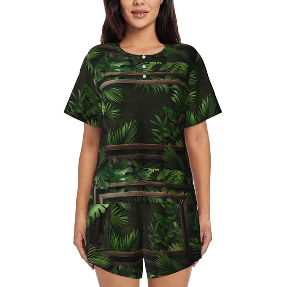 Kdxio Framed Greenery Wall Art Print Pajamas Sets for Women Short-Sleeved Pjs with Lounge Shorts Two Piece Sleepwear S-4XL