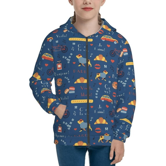 Kdxio French Bulldog Dog In Beret Pattern Kids Boys Girls Zip Up Hoodie 3D Printed Hooded Sweatshirt Hoody Coat with Pocket 7-12 Y-Medium