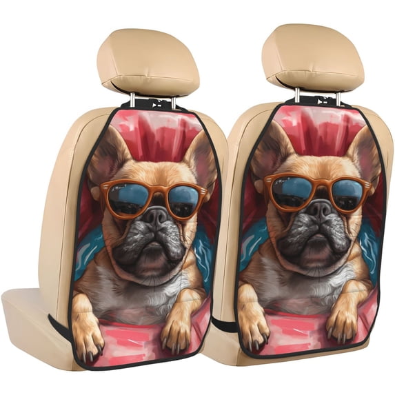 Kdxio French Bulldog In Sunglasses Print 2 Pack Car Kick Mat Seat Cover Back Protector Mat with Pockets for Organizer Backseat Protector and Storage Anti Kick Pad for Vehicles