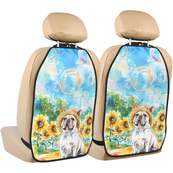 Kdxio French Bulldog Sunflowers Bubbles Print 2 Pack Car Kick Mat Seat Cover Back Protector Mat with Pockets for Organizer Backseat Protector and Storage Anti Kick Pad for Vehicles