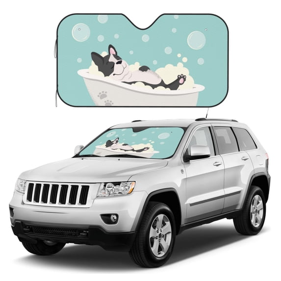 Kdxio French Bulldog Taking a Bath Print Windshield Sun Shade, Foldable Sun Blocker for Car,Truck,SUV Automotive Interior Sun Protection,Reflective Shade for Front Windshield(Small)
