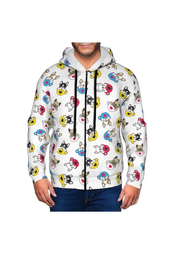 French Bulldog With Coffee Cup Print Men Hoodies Casual Hoodies for Men with Zip Pockets Full Zip Long Sleeve Sweatshirt Sports Hooded Jacket-3X-Large