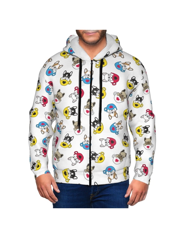French Bulldog With Coffee Cup Print Men Hoodies Casual Hoodies for Men with Zip Pockets Full Zip Long Sleeve Sweatshirt Sports Hooded Jacket-Medium