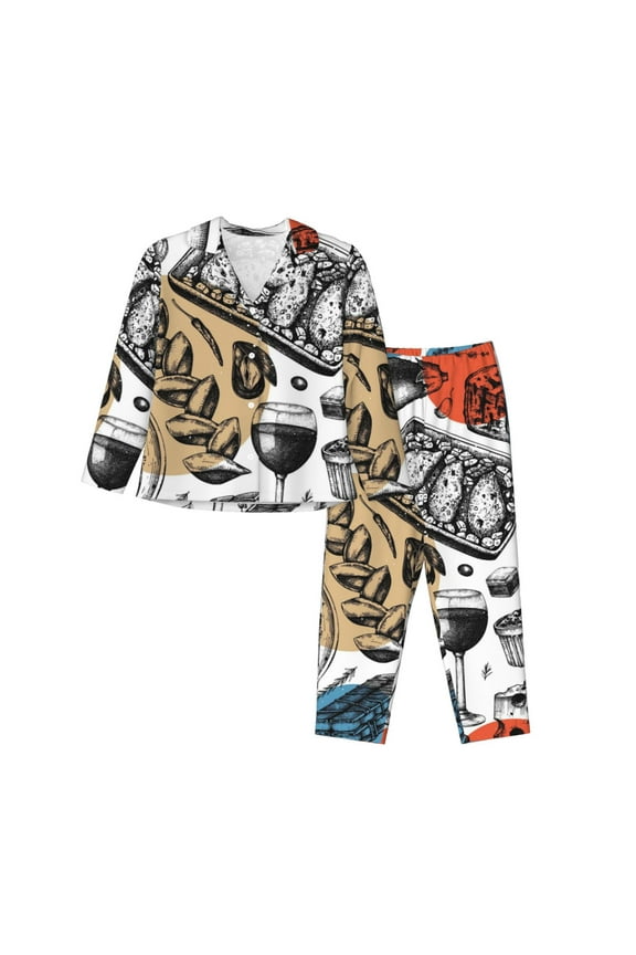 French Food Women's Pajama Sets Long Sleeve Button Down Sleepwear Nightwear Soft Pjs Lounge Sets-X-Large