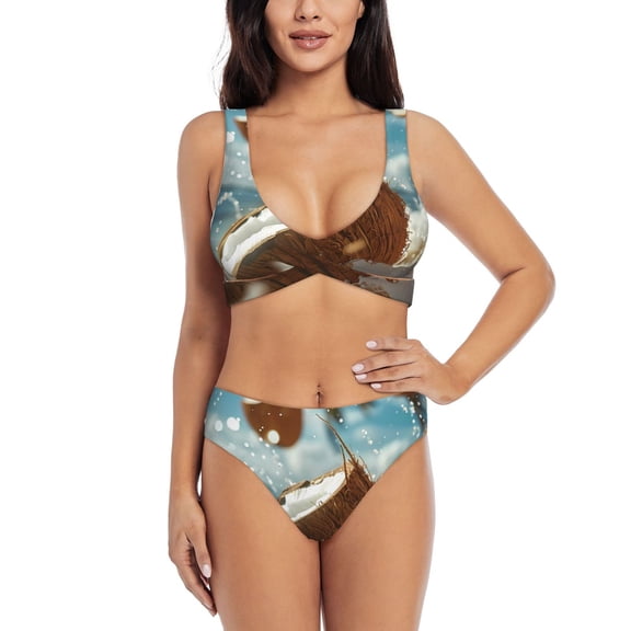 Kdxio Fresh Coconut Splash Print Women's 2 Piece High Waisted Wrap Spaghetti Strap Summer Swimsuit Bikini Set-Small