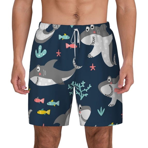 Kdxio Friendly Smiling Sharks Print Men'S Swim Trunks With Compression Liner 7 Inch Inseam Quick Dry Swim Shorts