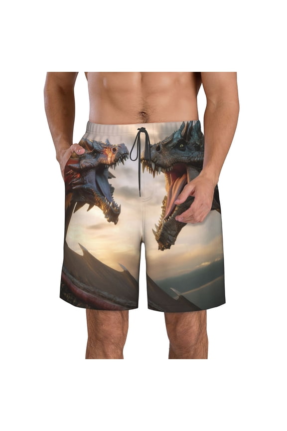 Friendship Dragon Pattern Mens Casual Shorts - Drawstring Summer Beach Sports Shorts for Men