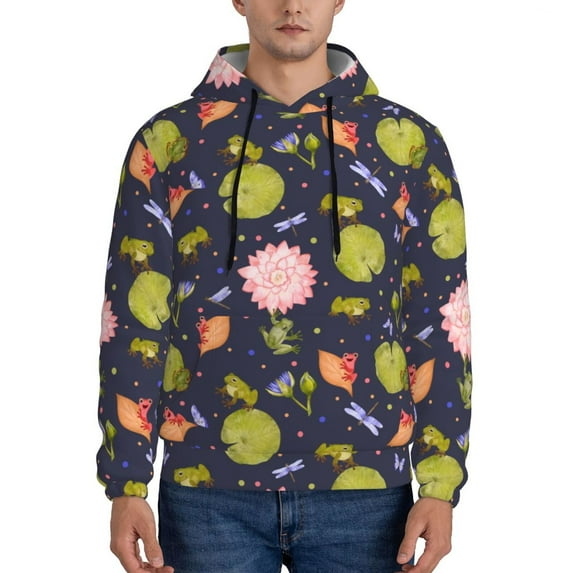 Kdxio Frog And Flowers Print Mens Casual Hooded Collar Drawstring Hoodies Pullover Sweatshirts Casual Long Sleeve Shirts-Small