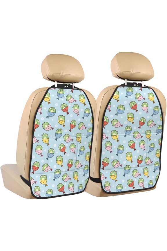 Frog In Mermaid Print 2 Pack Car Kick Mat Seat Cover Back Protector Mat with Pockets for Organizer Backseat Protector and Storage Anti Kick Pad for Vehicles