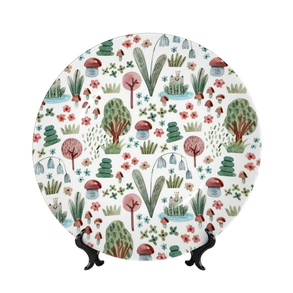 Kdxio Frog and Forest Plants Bone China Decorative Plate Ceramic Decorative Plate for Home Office Wall Stand Decorative Plates for Home Bedroom-7in