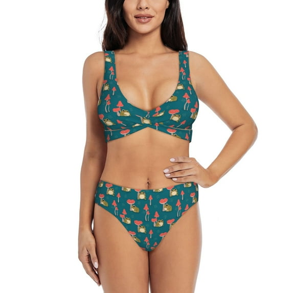 Kdxio Frog and Mushrooms Print Women's 2 Piece High Waisted Wrap Spaghetti Strap Summer Swimsuit Bikini Set-Small