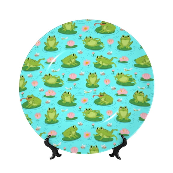 Kdxio Frogs And Aquatic Plants Bone China Decorative Plate Ceramic Decorative Plate for Home Office Wall Stand Decorative Plates for Home Bedroom-8in