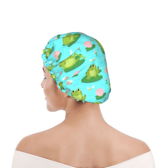 Kdxio Frogs And Aquatic Plants Print Shower Cap for Women,Elastic and Reusable,Double Waterproof Layers Bathing Hat