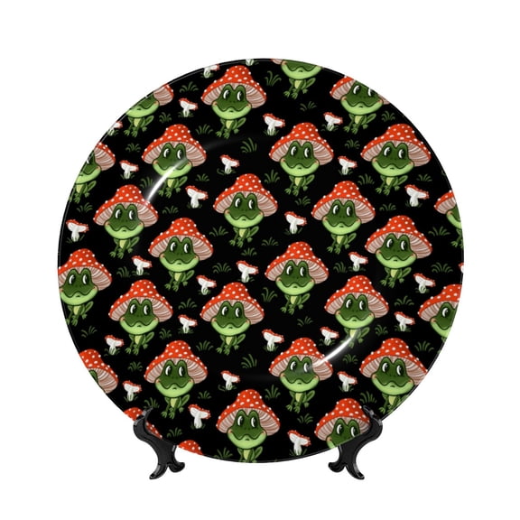 Kdxio Frogs In Mushroom Hats Bone China Decorative Plate Ceramic Decorative Plate for Home Office Wall Stand Decorative Plates for Home Bedroom-8in