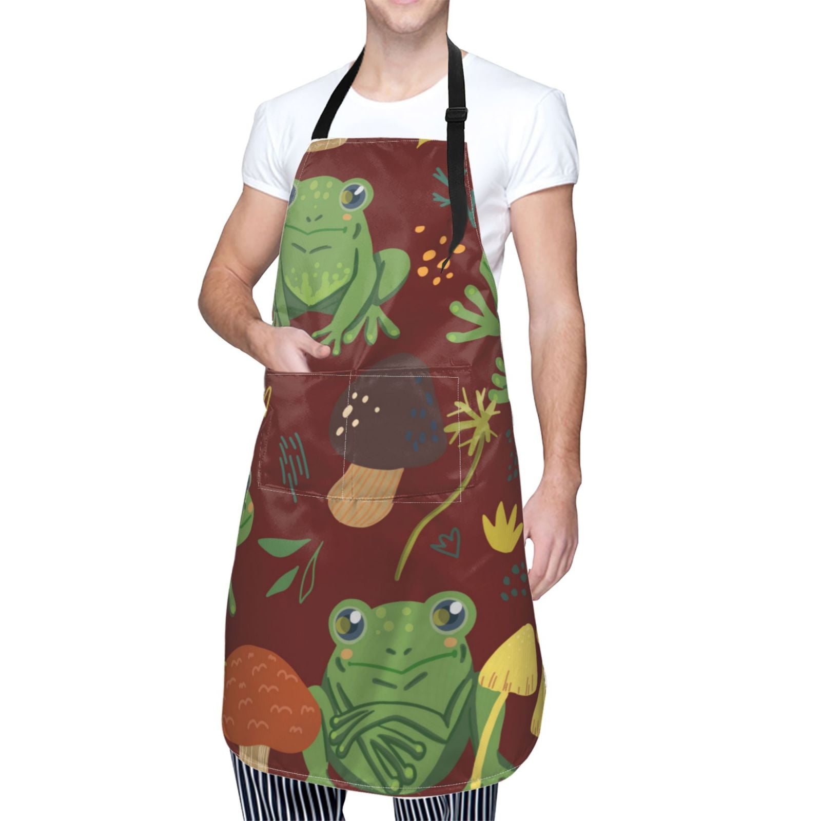 Kdxio Frogs and Mushrooms Apron with Pockets Adjustable Kitchen Aprons for Men Women Waterproof Aprons for Cooking,Drawing,Crafting, Baking Household Cleaning