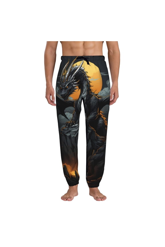 Full Moon Black Dragon Pattern Joggers,Sweatpants for Men with Pockets-X-Large