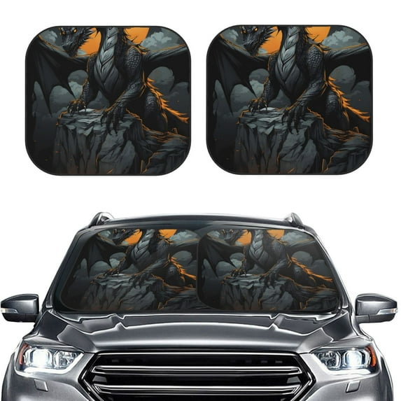 Kdxio Full Moon Black Dragon Print 2-Piece Sun Shade Front Windshield - Foldable Car Front Window Sunshades for Most Sedans SUV Truck