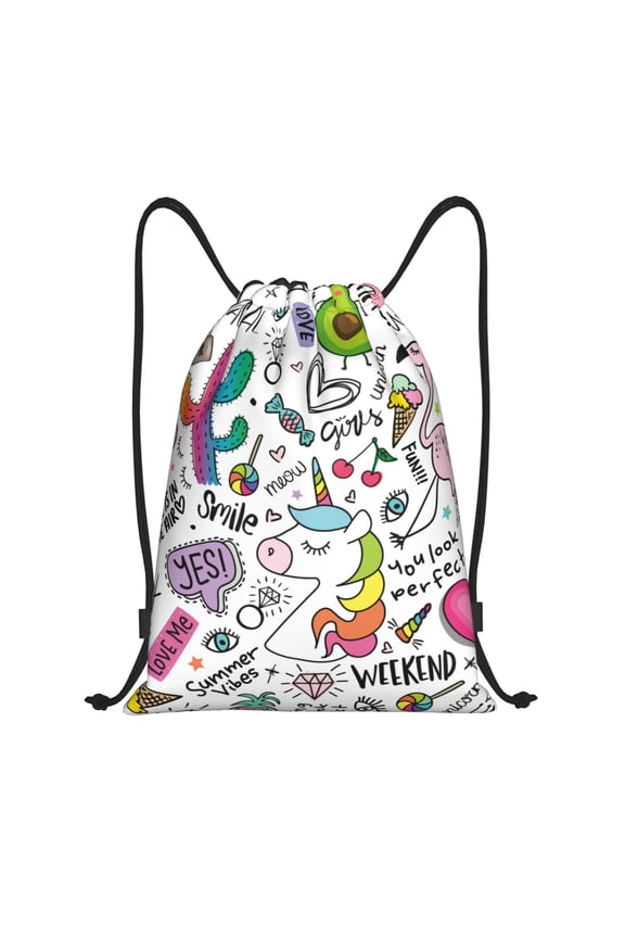 Fun Animal with Unicorn Print Drawstring Backpack Bag,Waterproof Draw String Back Sack, Gym Drawstring Bags Swim Bag For Unisex