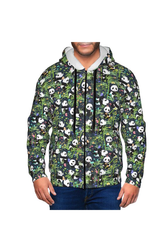 Fun Panda Playing With Bamboo Leaves Print Men Hoodies Casual Hoodies for Men with Zip Pockets Full Zip Long Sleeve Sweatshirt Sports Hooded Jacket-Medium