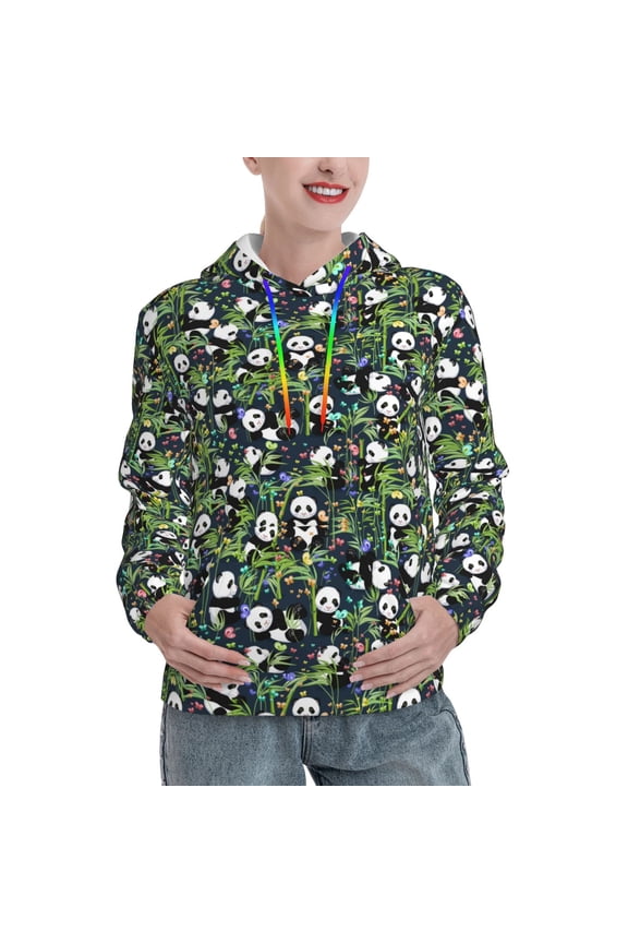 Fun Panda Playing With Bamboo Leaves Print Womens Oversized Hoodies Sweatshirts Hooded Pullover Tops Sweaters Casual-Large