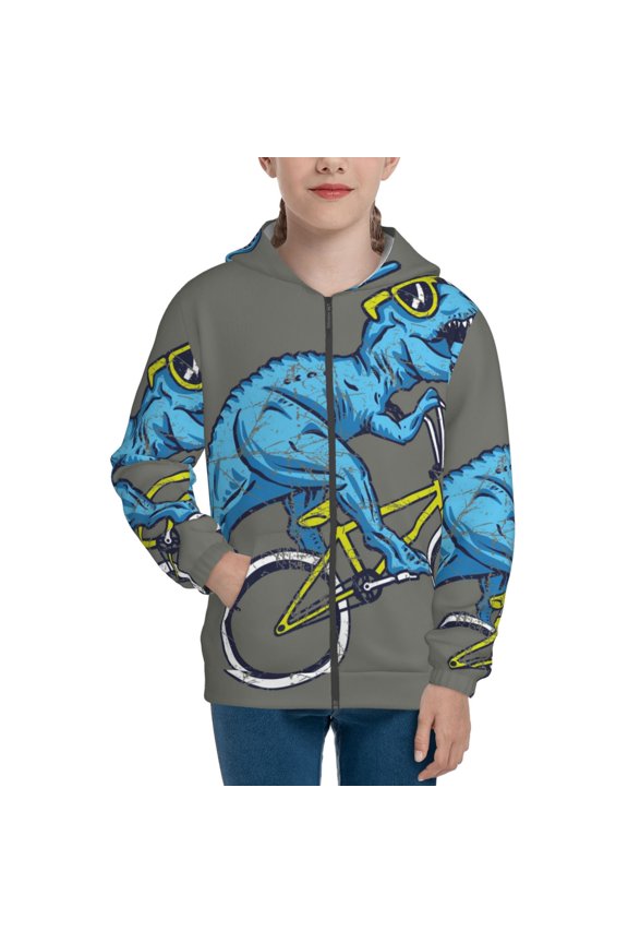 Fun Riding Dinosaur Pattern Kids Boys Girls Zip Up Hoodie 3D Printed Hooded Sweatshirt Hoody Coat with Pocket 7-12 Y-Small