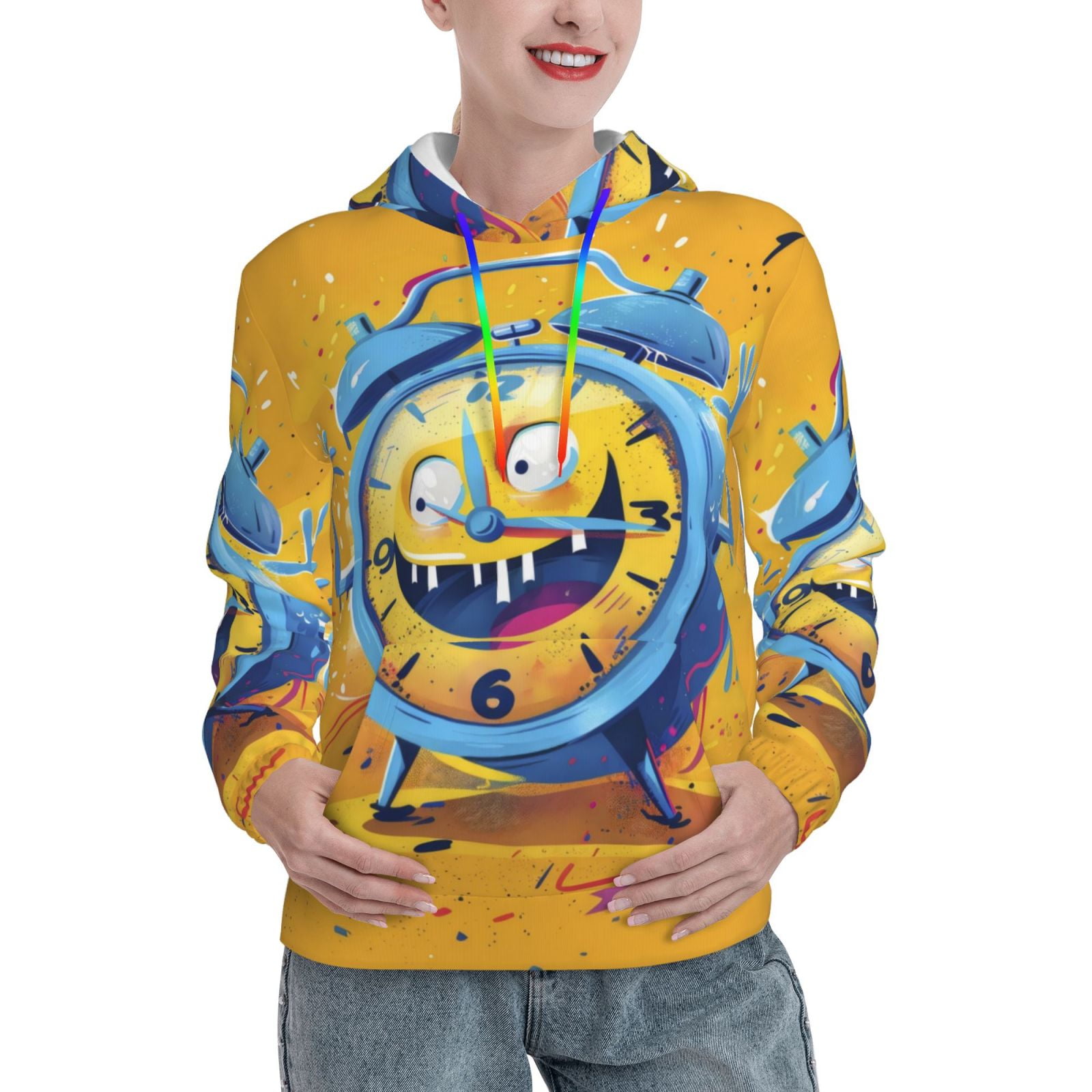Kdxio Funny Alarm Clock Illustration Print Womens Oversized Hoodies