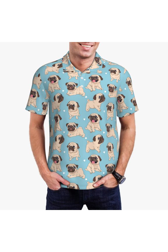 Funny Cartoon Pugs Print Men's Short Sleeve Polo Shirt,Midweight Men's Shirt