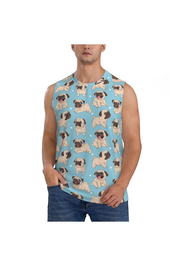 Funny Cartoon Pugs for Men's Muscle T-shirt,Sleeveless for Workout Running Athletic Gym Lounge Casual