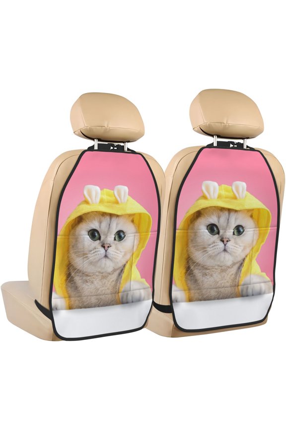A Funny Cat Print 2 Pack Car Kick Mat Seat Cover Back Protector Mat with Pockets for Organizer Backseat Protector and Storage Anti Kick Pad for Vehicles